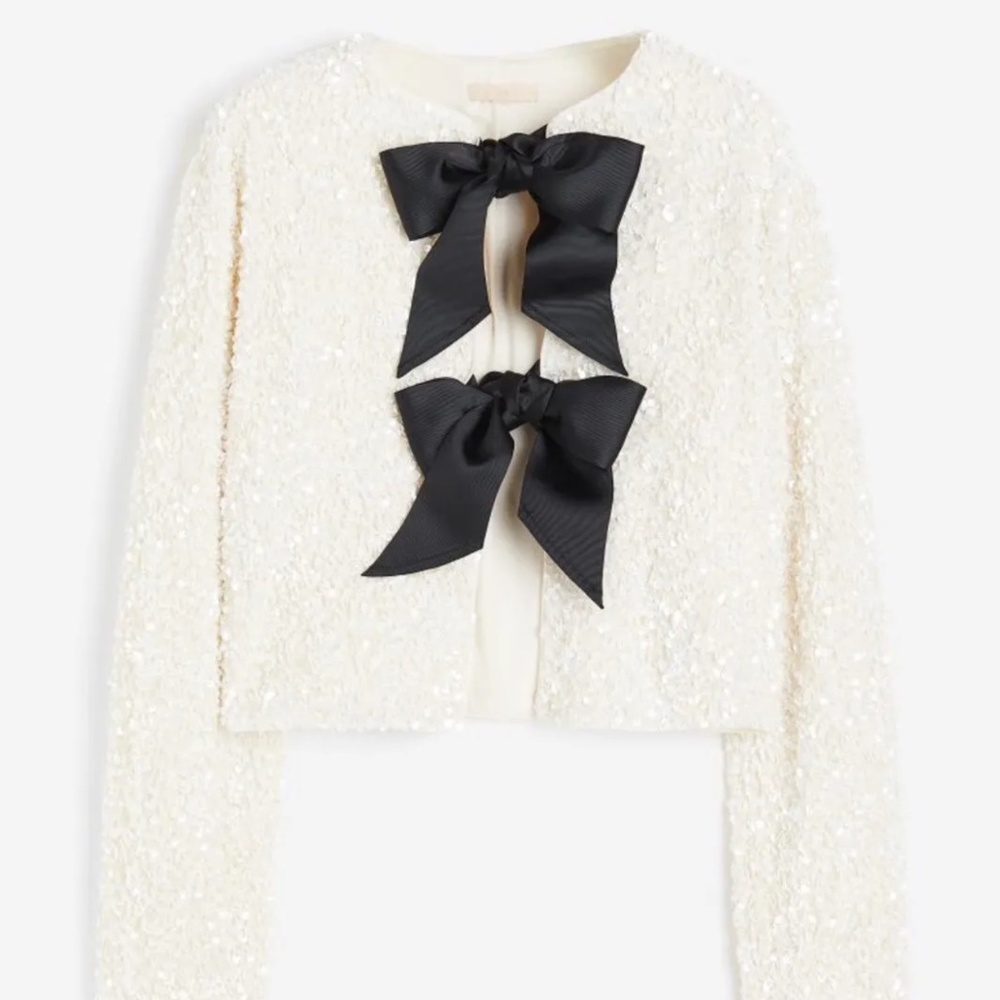 H&M White Bow Tie-Front Sequin Jacket Cardigan Top Holiday Xmas New Year Size M